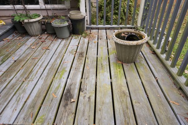 Weathered wooden deck with moss growth, discoloration, and warped boards, indicating it may be time for replacement.
